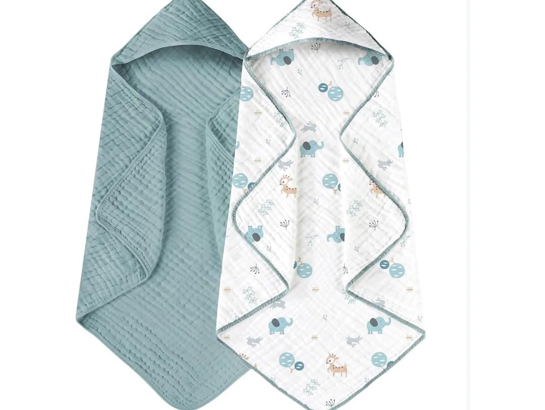 Yoofoss Hooded Baby Towels for Newborn 2 Pack 100% Muslin Organic Cotton Baby Bath Towel with Hood for Babies, Infant, Toddler and Kids, 32x32Inch, Soft and Absorbent Newborn Essential,Blue Elephant