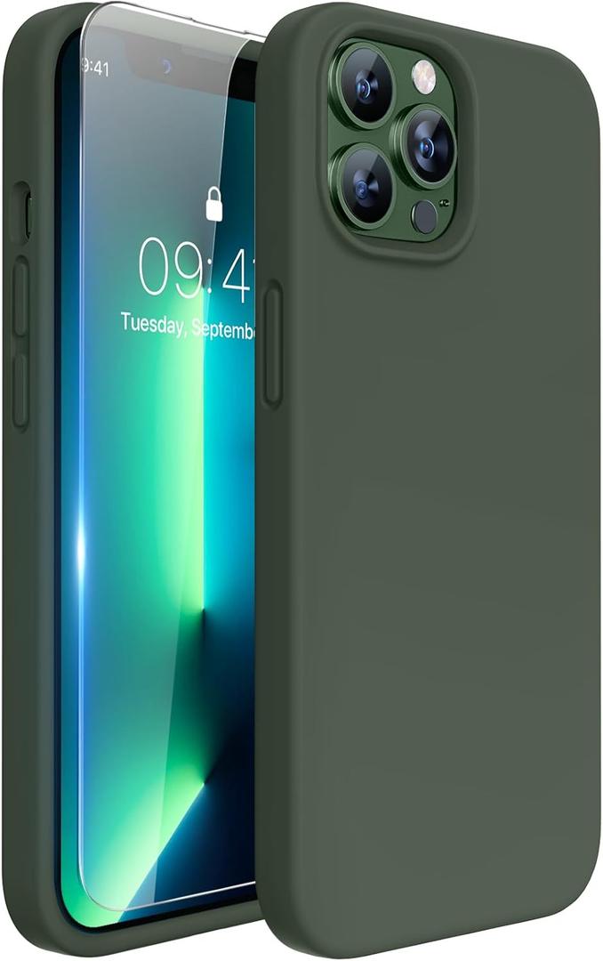 Miracase Designed for iPhone 13 Pro Max Case with Screen Protector,[Soft Anti-Scratch Microfiber Lining],Shockproof Liquid Silicone Rubber Phone Case Cover 6.7 inch, Dark Green