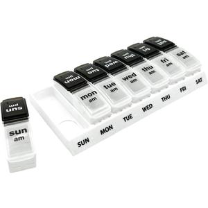 EZY DOSE Weekly (7-Day) AM/PM Pill Case, Medicine Planner, Vitamin Organizer, Large Pop-Out Compartments, 2 Times a Day, Black and White Lids