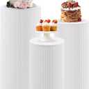 JALANCY Metal Pleated Cylinder Pedestal Stands for Party, 3 Pieces Heavy Duty Round Cake Pedestal Stand Display Plinth Pillars Art Decor for Wedding Ceremony Birthday Party（Large, White）