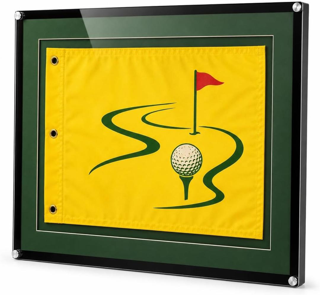 Golf Flag Frame 13x17/14x18, Acrylic Display Case w/ Green Mat & Standoffs | 3-layer 5mm thick acrylic build, deep green mat liner, and stainless standoffs for a premium clean floating golf flag display