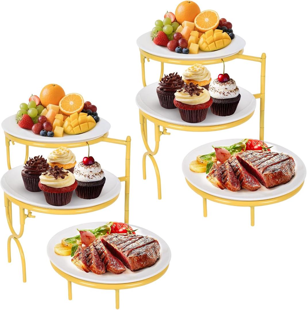 2 Set 3 Tiered Serving Stand with White Porcelain Plate Rotatable Dessert Table Display Set 10'' Round Tiered Serving Trays & Platters for Fruit Cake Cookie Dessert 2 Stand + 6 Plates