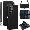 Rssviss Wallet Case for Samsung Galaxy S25 Ultra 5G Crossbody with Card Holder Wrist Strap, RFID Blocking Flip Zipper Case PU Leather, Purse Cover for Samsung S25 Ultra Men Women 6.9 inch Black