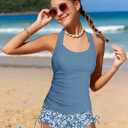 Girls Swimsuit 2 Piece Halterneck Girls Tankini Swimsuit Drawstring Printed Swim Shorts Girl Bathing Suit for 7-18T (Blue, S)