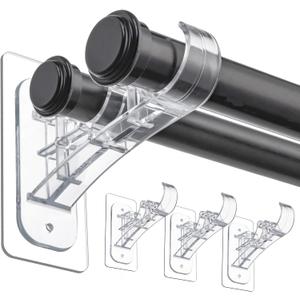 ANDGOO Double Curtain Rod Bracket, No Drilling, Renter Friendly Adhesive Curtain Rod Holders, Double Rod Curtain Hooks, Heavy Duty Curtain Hangers for Apartment Living Room Bedroom (4 PCS, Clear)