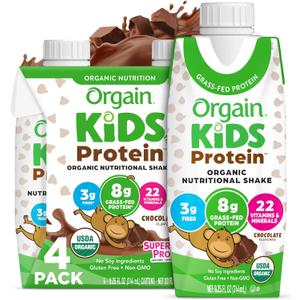 Orgain Organic Kids Protein Nutritional Shake, Chocolate - 8g of Protein, 22 Vitamins & Minerals, Fruits & Vegetables, Gluten Free, Soy Free, Non-GMO, 8.25 Fl Oz (Pack of 4) (EXP 05/06/27)