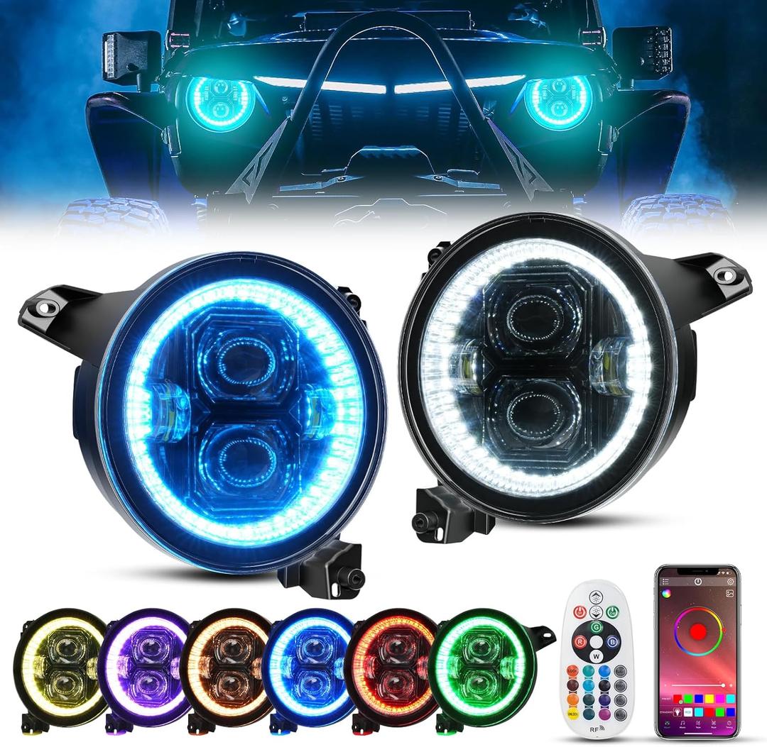 SUPAREE 9 inch LED Headlights RGB Halo Ring Angel Eyes Remote Phone APP Control 9 Round DRL Fit for 2018-2023 Jeep Wrangler JL Gladiator JT