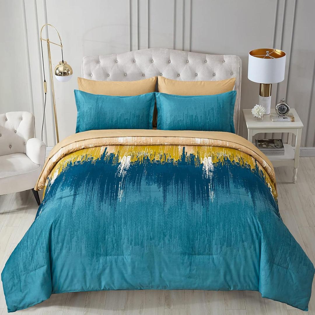 WONGS BEDDING Teal Comforter Set King,7 Pieces Bed in a Bag Abstract Art Gradient Comforter Soft Microfiber Bedding Set -1 Comforter, 1 Flat Sheet, 1 Fitted Sheet, 2 Pillow Shams,2 Pillowcases