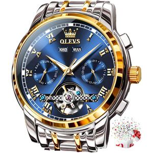 OLEVS Self Winding Watches for Men Automatic Mechanical Dress Tourbillon Stainless Steel Dual Calendar Waterproof Luminous Wrist Watch (Blue)