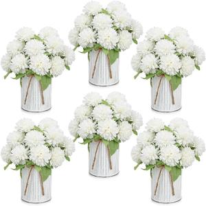 Pre-Made Flower Table Centerpieces, Set of 6 Artificial Silk Chrysanthemum with Farmhouse Metal Vases for Wedding, Birthday Parties, Home, Dining Table Decorations - Ivory White