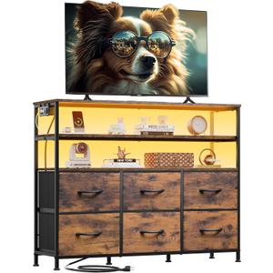 WLIVE TV Stand for 40, 45 inch TV, Entertainment Center with LED Lights & Charging Station, TV Media Console Table with 6 Fabric Drawers and Open Shelves for Living Room, Hallway, Rustic Brown