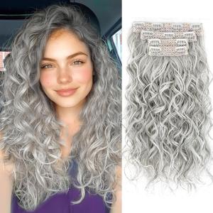 Curly Hair Extensions,LEOSA 4PCS 16 inch Clip in Hair Extensions Short Soft Natural Hairpiece Lace Weft Curly Wave Clip Ins Extensions Invisible for Women,Light Silver Grey