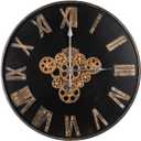 24 Inch Black Large Round Vintage Industrial Wall Clock with Real Moving Gears, Black Roman Numeral, Battery Operated, Silent, Farmhouse Decor for Home, Office, Living Room, Bedroom