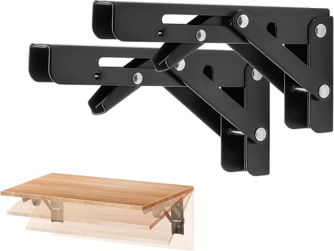 Ravinte 2 Pack 6 Inch Folding Shelf Brackets Matte Black, Heavy Duty Collapsible Brackets for Tables and Benches Space-Saving Design