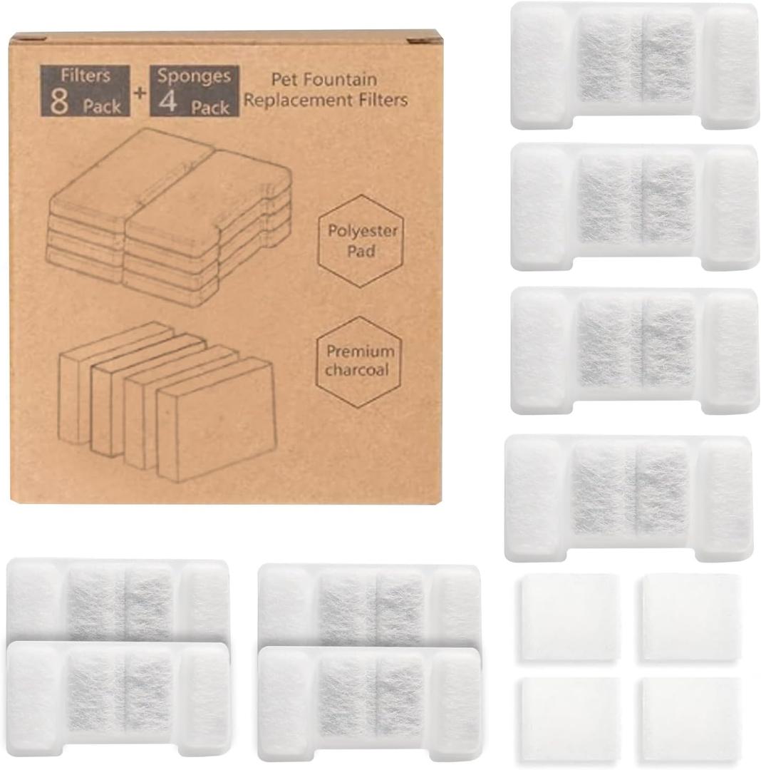 Cat Water Fountain Replacement Filters, 8 Pack Replacement Filters & 4 Pack Replacement Sponges Set for 2.2L/74oz Automatic Stainless Steel Pet Fountain Ultra Quiet