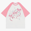 Harajuku Kawaii Clothes Casual Soft Crewneck Raglan Sleeve Cute Cartoon Graphic Bunny with Bows Print T-Shirt, Size: S