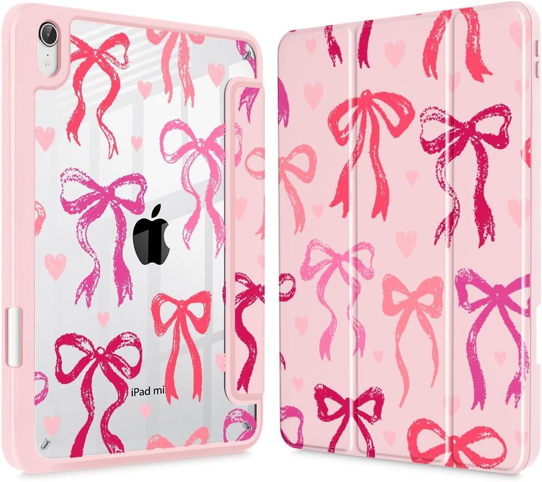 May Chen Hybrid Slim Case for iPad mini 7 (A17 Pro, 7th Generation) 2024 / iPad mini 6 (6th Gen) 8.3 Inch, [Built-in Pencil Holder] Shockproof Cover Clear Clear Back Shell Auto Wake/Sleep, Bow Ribbon