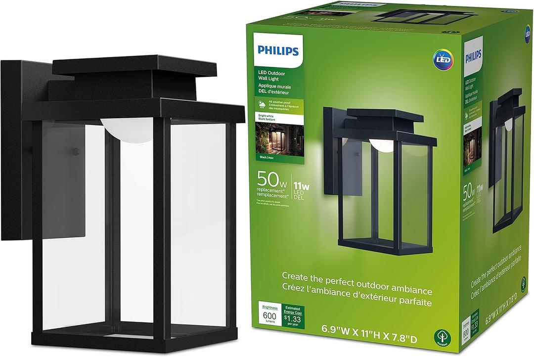 PHILIPS LED Outdoor Rectangular Wall Lantern 1-Pack Bright White (3000K) 600 Lumen (11W = 50W) Weather Resistant