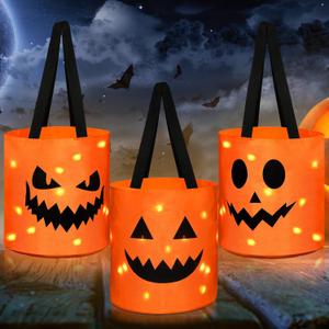 Sadnyy 3 Pcs Halloween Trick or Treat Bags Light up for Kids Pumpkin Candy Bucket LED Halloween Treating Baskets Reusable Goody Tote Bag for Party Favor Supplies(Orange)