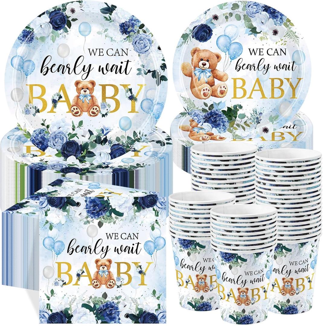 250 Pcs We Can Bearly Wait Baby Shower Party Decorations Blue Paper Plates Napkins and Cups Bear Boy Party Tableware Set for Spring Baby Shower Gender Reveal Supplies, Serves 50