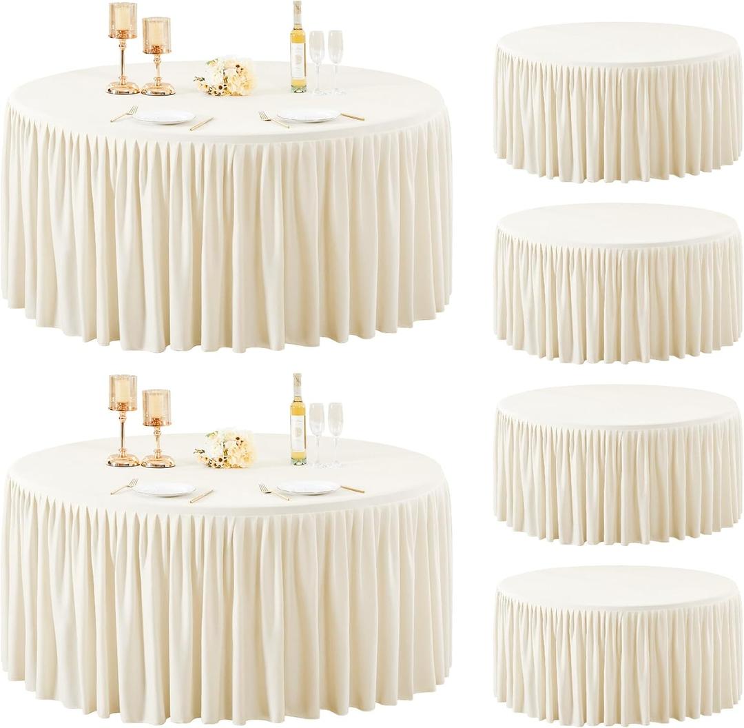 6 Pack Ivory Spandex Round Tablecloths for 60 inch Tables, Stretchy Fitted 5FT Round Table Clothes,Wrinkle Free Table Cover with Skirt for Wedding Party Dining Banquet Graduation Decorations