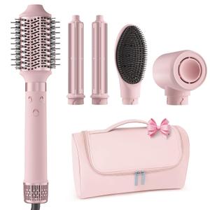 Dual Voltage Hot Air Styler Wrap - 5 in 1 Hair Dryer Brush with Fast Drying Blow Dryer, Styling, Straightening & Volumizing with Travel Bag (100V240V) (Pink)
