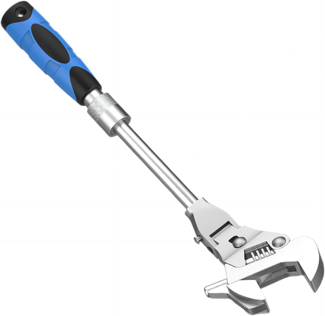 2 in 1 Flex Head Adjustable Wrench, Reversible Jaw Pipe Wrench with 10-12 Retractable Extension Shank and 180 Rotatable Head