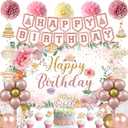 Holkcog Flower Birthfday Party Decorations for Girl, Pink Florals Ballons Banner Background, Cake Tppper, Garden Tea Party Banner Supply, Rose Gold 16th 21st 30th 40th 50th 60th 70th Party Decor