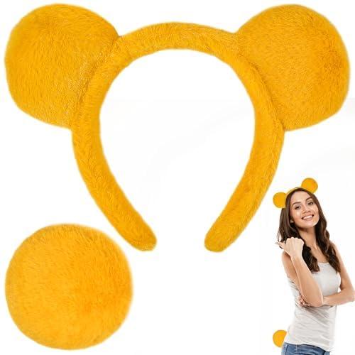 Yellow Bear Ears Headband and Tail  Halloween Bear Ears Costume Set  Soft, Lightweight Headband & Tail for Adults, Fun Halloween Parties, Festivals, Cosplay Accessory | Cute and Charming Gift Option
