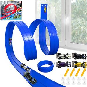 16Ft Flexible Race Car Track for Kids, Flex Track Toy with 4 Race Cars and Suction Cups, Compatible with Hot Wheels and 1/64th Cars, Rolls Up Portable Racetrack for Ages 345678