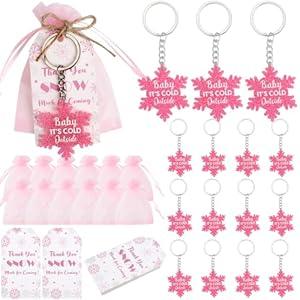 36PCS Baby It's Cold Outside Party Favors, Winter Baby Shower Decorations Girl, Pink Thank You Snow Much for Coming Tags Snowflake Keychains Organza Bags for Baby Shower Gender Reveal