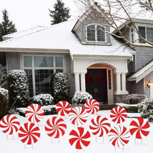 12 Pieces Christmas Peppermint Xmas Yard Stakes Hanging Ornaments - Outdoor Holiday and Christmas Hanging Porch & Tree Yard Decorations - Double Printed (Red & White)
