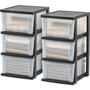 IRIS USA Plastic Drawer Storage Organizer, 3-Drawers, 2-Pack, for Classroom Art Craft Supplies, Dresser Closet, Bathroom Bedroom, Laundry Room, Black/Clear
