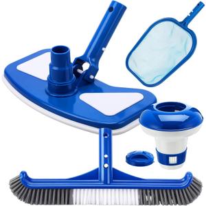 Potchen 4 Pcs Pool Cleaning Kit for Above Ground, Includes Vacuum Head, Brush Head, Mesh Skimmer Net and Pool Chlorine Floater, Perfect for Spa Hot Tub Walls Floors Maintenance(Round Corner)