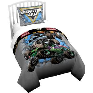 Jay Franco Duvet Cover Set  2 Piece Comforter Cover and Sham Set, Super Soft Cozy Kids Bedding (Insert Not Included) Grey - Monster Jam, Twin