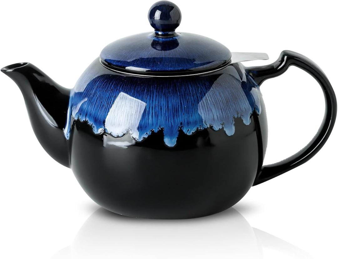 KOOV Tea Pot with Infuser for Loose Tea, 34OZ Ceramic Teapot with Infuser, Enough For 6 Cups, Tea Pots with Tea Strainers for Tea Party, Reactive Glaze (Nebula Blue)