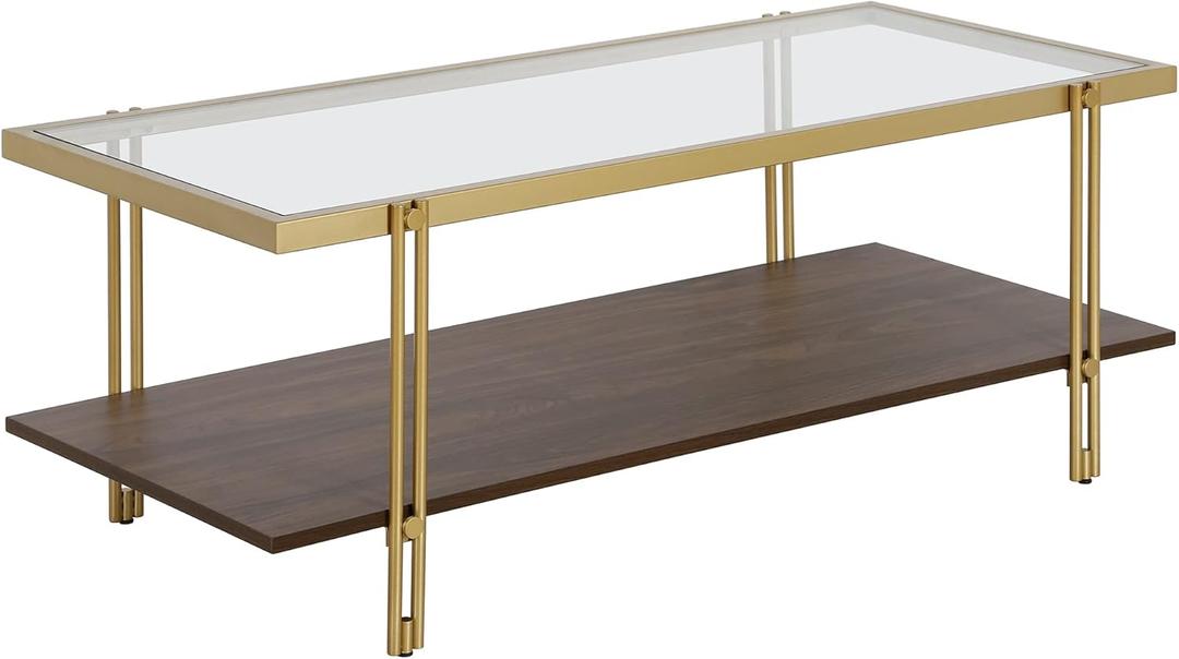 Henn&Hart 45" Wide Rectangular Coffee Table with MDF Shelf in Brass/Walnut, Modern coffee tables for living room, studio apartment essentials