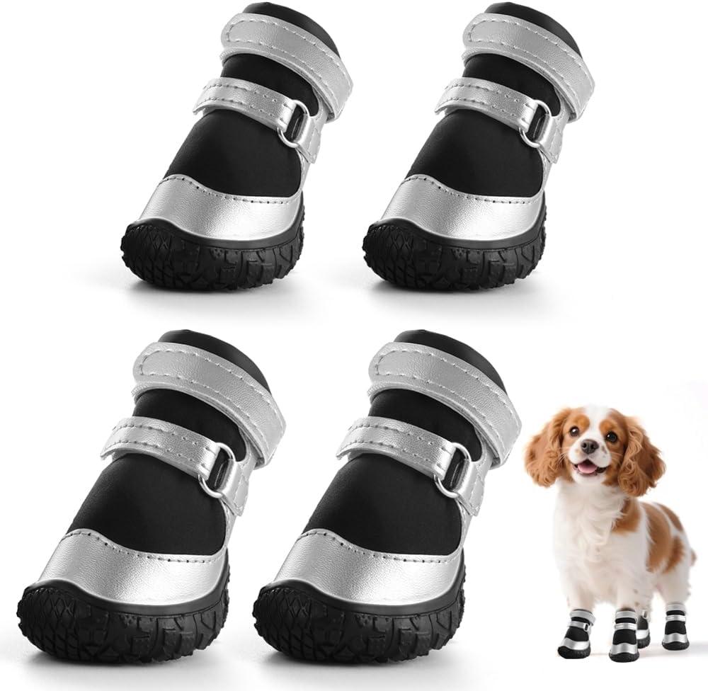 Dog Shoes for Small Dogs, Breathable Dog Boots Paw Protector for Hot Pavement Winter Snow, Dog Booties with Reflective Strips Rugged Anti-Slip Sole for Hardwood Floors Outdoor Silver Black Size 3 (#3 (Width 1.49 inch) for 11.0-16.5 lbs)
