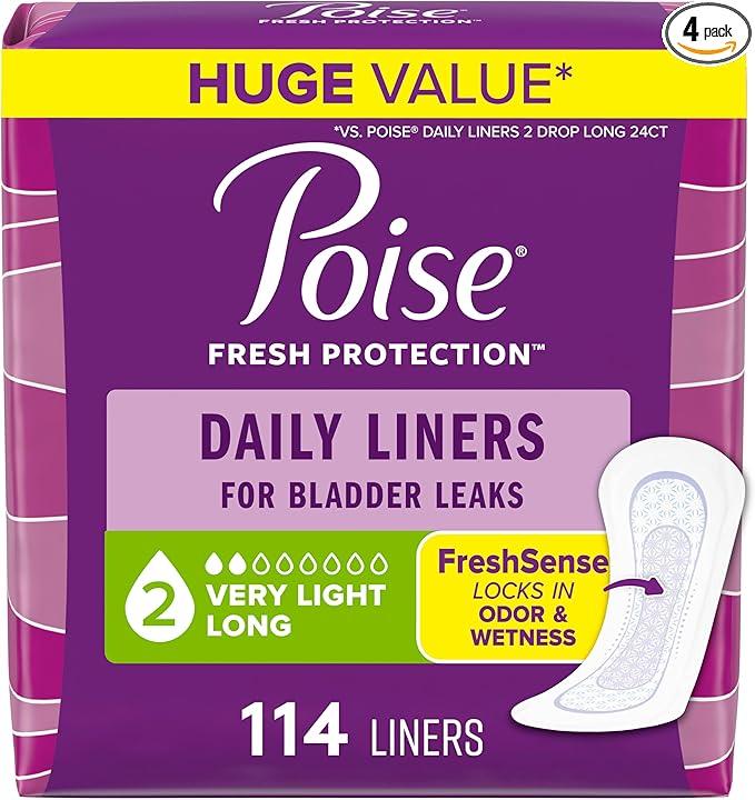 Poise Daily Liners, Incontinence Panty Liners for Bladder Leaks, 2 Drop Very Light Absorbency, Long Length, 176 Count of Pantiliners (4 Packs of 44), 