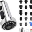 Hibbent Pull Down Kitchen Faucet Head Replacement, 3 Function Sink Faucet Sprayer Head Nozzle with 15 Adapters, Compatible with Moen, American Standard, Delta, Kohler Faucets, Chrome