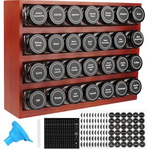 Bamboo Spice Rack Organizer with 28 Spice Jars, 780 Labels, 4 Tier Wood Hanging Shelf, Chalk Marker and Funnel Set for Drawer Cabinet Kitchen Countertop Wall Mount, Empty 4 oz Glass Jars-Cherry Stain