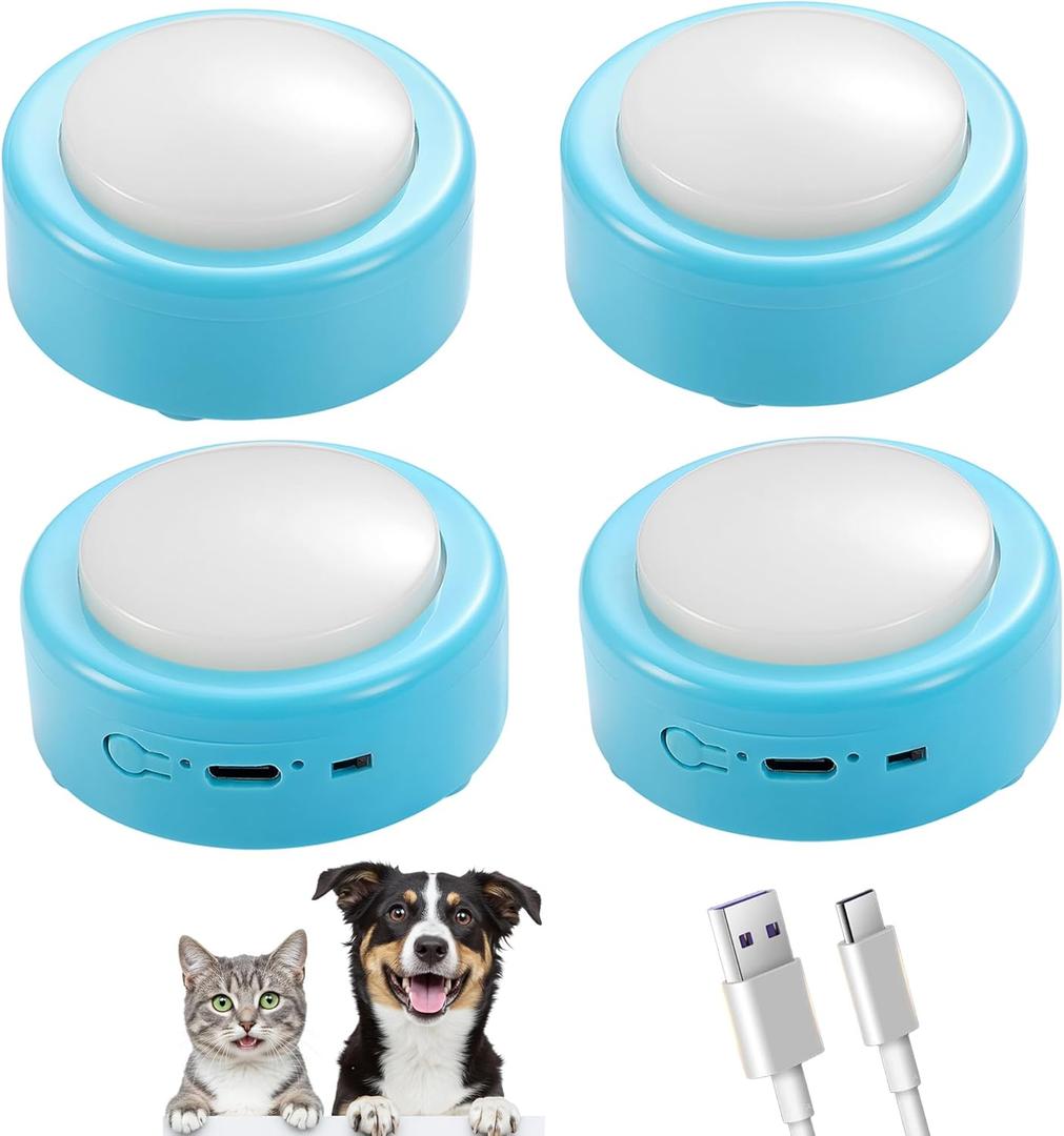 Talking Buttons for Cats and Dogs, Set of 4 Blue Rechargeable Buttons with Voice Recording for Pet Communication, Puppy & Kitten Easy Press, Small Animal Speech