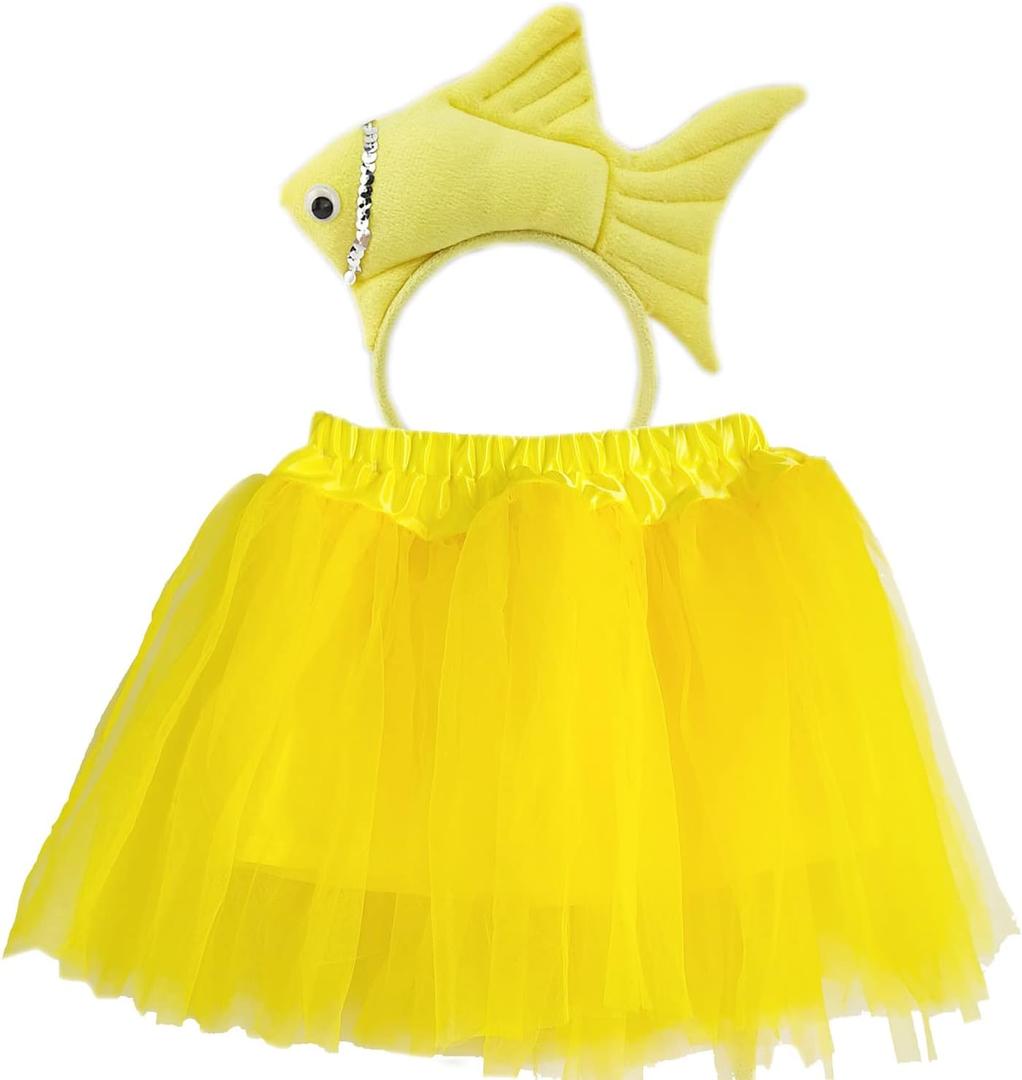 Adorable Kids Fish Costume Headband and Tutu 2pcs Set for Halloween Animal Dress Up Accessories (Yellow)