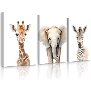 Lhoiplme Nursery Animal Wall Art Safari Baby Wall Decor Boy Room Nursery Canvas Prints Jungle Animal Art Pictures Kids Cute Safari Poster for Girl Bedroom 12x16 Inch Wrapped Canvas Set of 3 (Elephant Giraffe Prints)