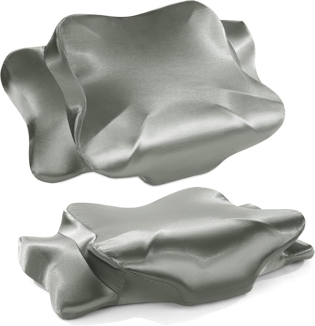 HOMBYS 2-Pack Satin Cervical Pillowcases (Only Pillowcase), Silky Satin Butterfly-Shaped Contour Pillow Cover Cervical Neck Pillow Case with Zipper for Side Back Stomach Sleepers (Gray, Queen Size) (Grey)