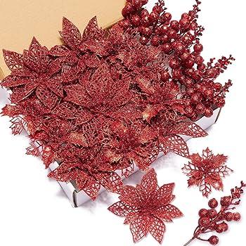 Zhuqing 22Pcs Christmas Poinsettia Artificial Flowers and Glitter Berries Stems Kit, 16Pcs Christmas Tree Flowers Ornaments and 6 Pack Christmas Tree Picks for Wedding Holiday Decorations (Red)