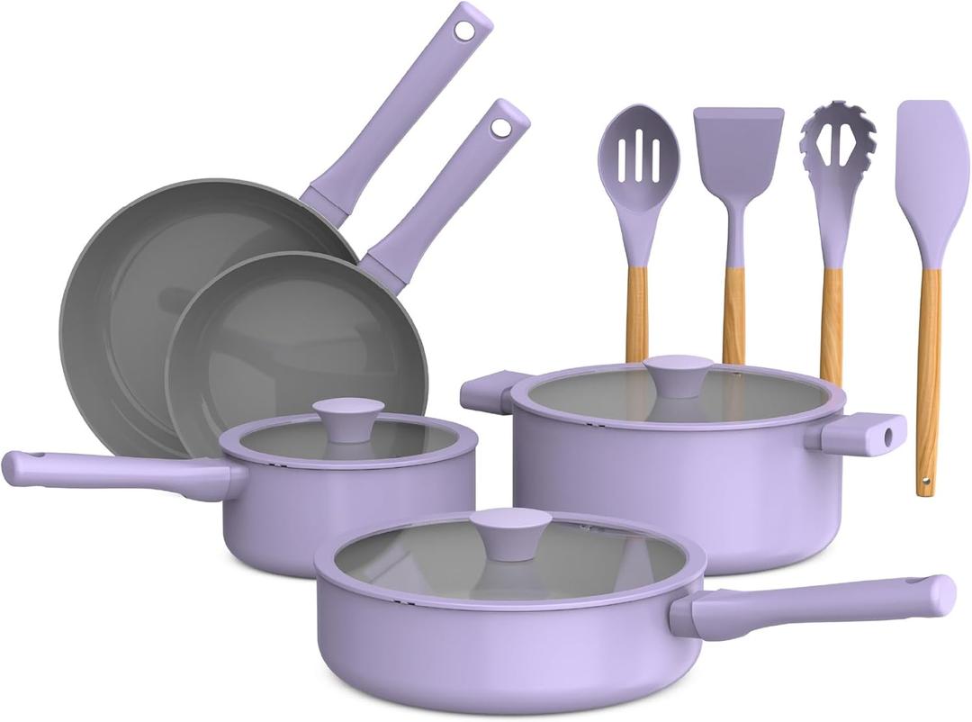 So Yummy by bella 12 Piece Cookware Set w EverGood Ceramic Nonstick Coating and Silicone & Wood Utensils, Dishwasher Safe Silicone & Glass Lids, Oven Safe & All Stovetop Compatible, Lavender