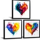 Kalormore Modern 3-Piece Colorful Heart Pictures Abstract Canvas Wall Art Set, Vibrant Splash Painting on Black Framed Decor for Living Room, Bedroom, Office Easy to Hang 12"x12"x3pcs (Framed)