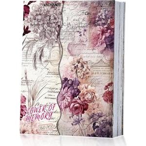 160 Sheets Vintage Flower Scrapbook Paper, Junk Journal Supplies, Purple Pink Flowers with Cursive Script No Repeating Perfect for Junk Journal DIY Cards Craft Albums Scrapbooking Supplies (Purple)