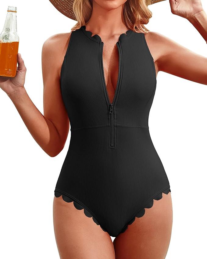 Charmo Scalloped Ribbed One Piece Swimsuit Zipper Racerback Bathing Suit Athletic Swimwear XL